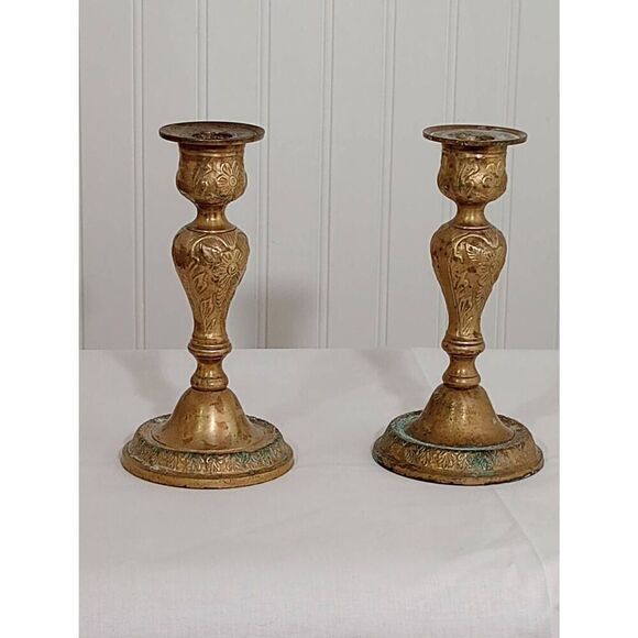 Brass heavy ornate floral  candlesticks - Picture 5 of 5